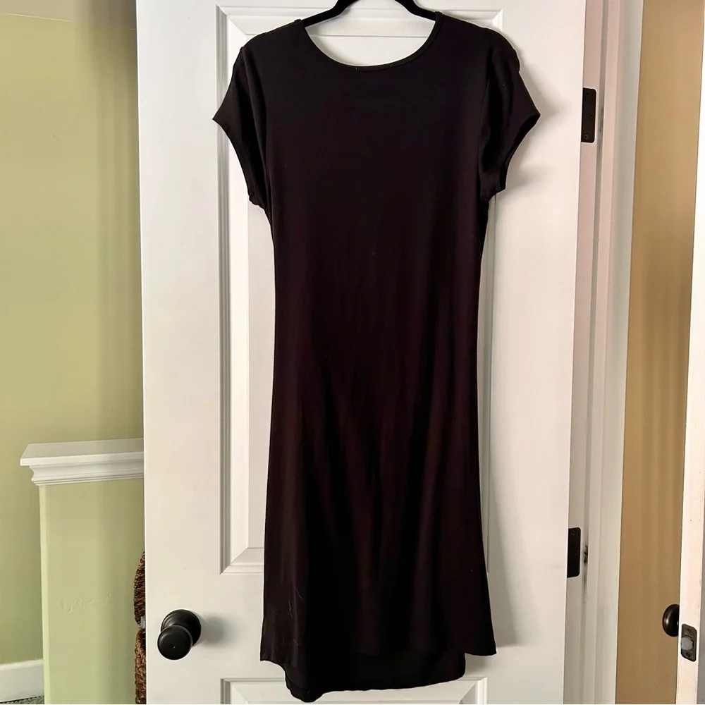 Magaschoni Knit Short Sleeve Midi Dress with Side Tie Waist Black size Large - Picture 4 of 10